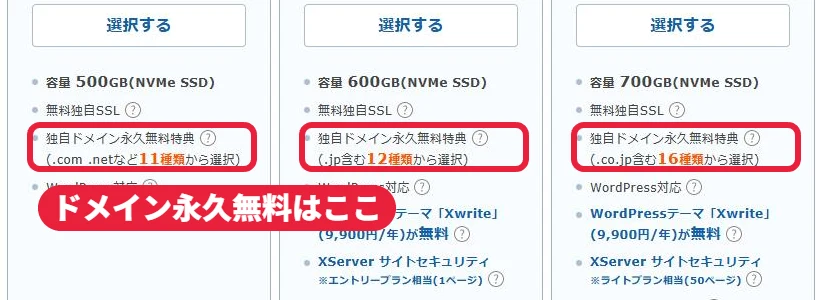 プランを選ぶ画面にも「独自ドメイン永久無料特典」と書いてある。選べるドメインの種類はプランで変わる